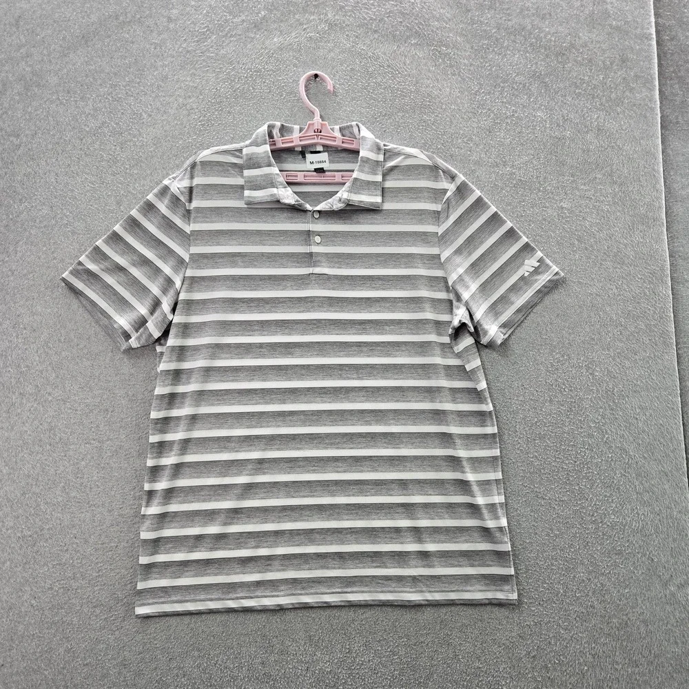 Adidas Men Polo L‎ Gray Striped Activewear Button Short Sleeve